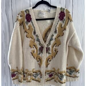 Vintage Womens M Mohair Blend Sweater Cardigan Floral Button Up
